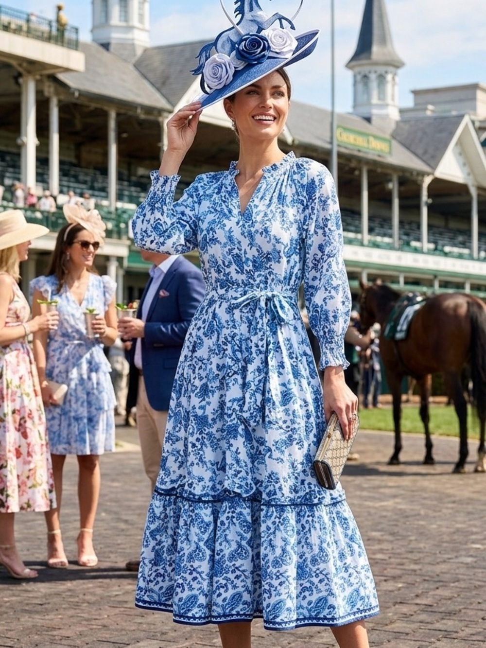 New Mlle Gabrielle M blue floral ruffle accent midi dress cottagecore Derby